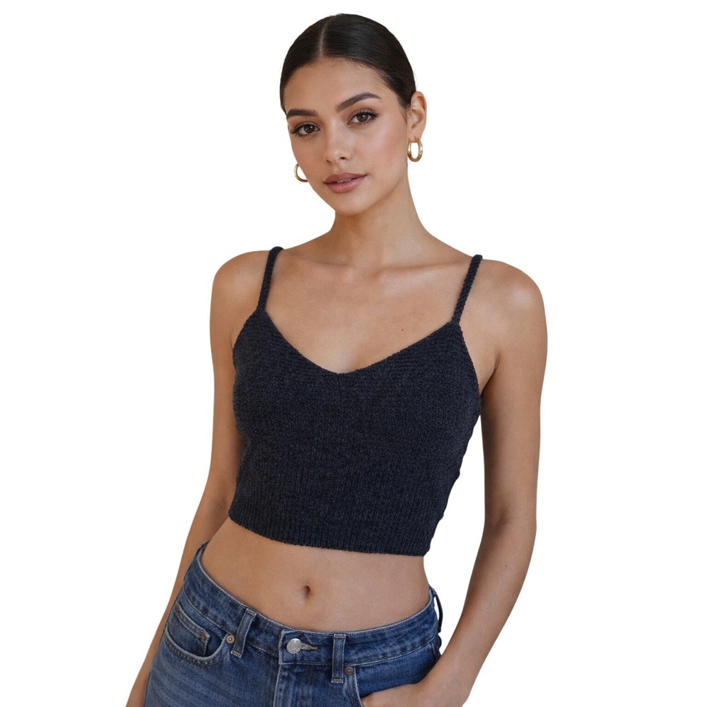 Sage The Label Charcoal Grey Ribbed Knit V-Neck Crop Cami Top Small NEW